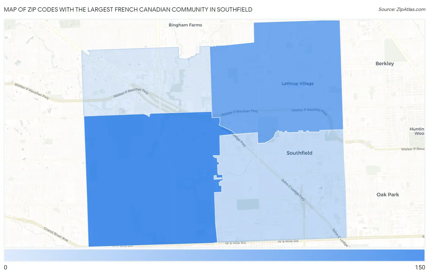 Zip Codes with the Largest French Canadian Community in Southfield Map