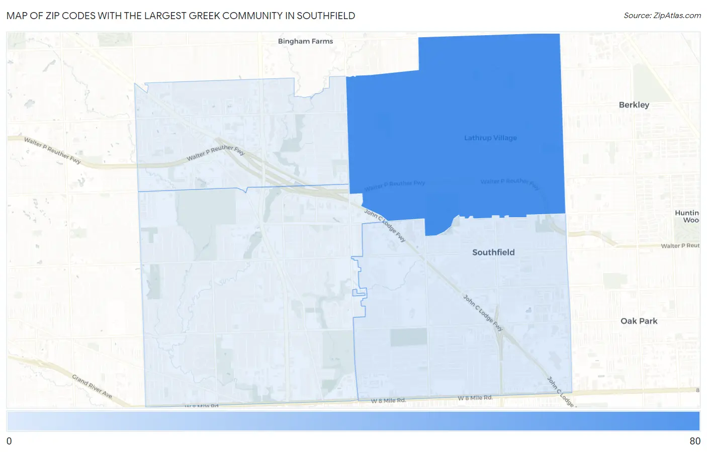 Zip Codes with the Largest Greek Community in Southfield Map