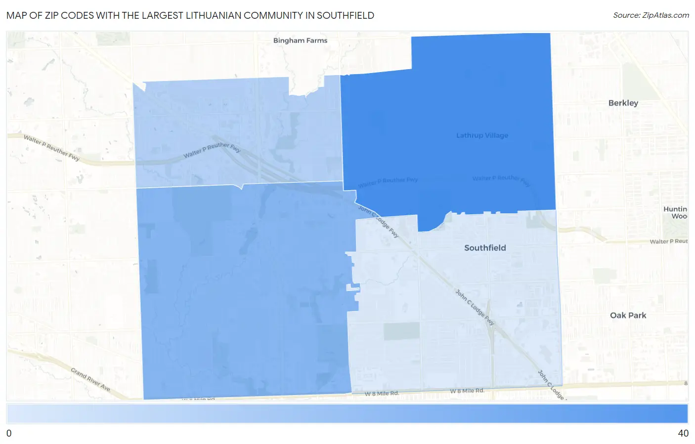 Zip Codes with the Largest Lithuanian Community in Southfield Map