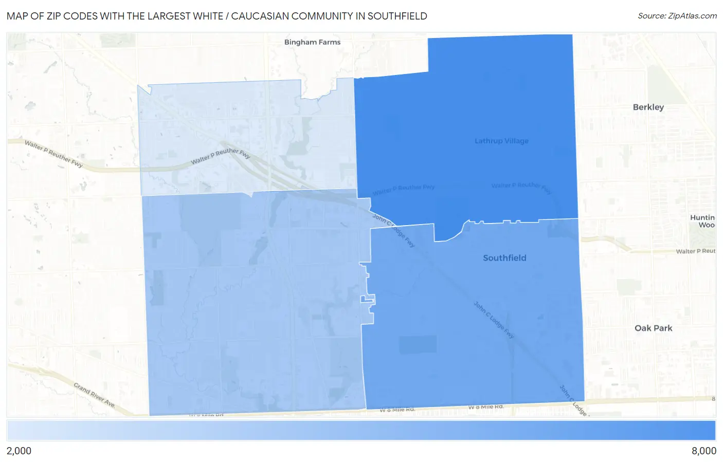 Zip Codes with the Largest White / Caucasian Community in Southfield Map
