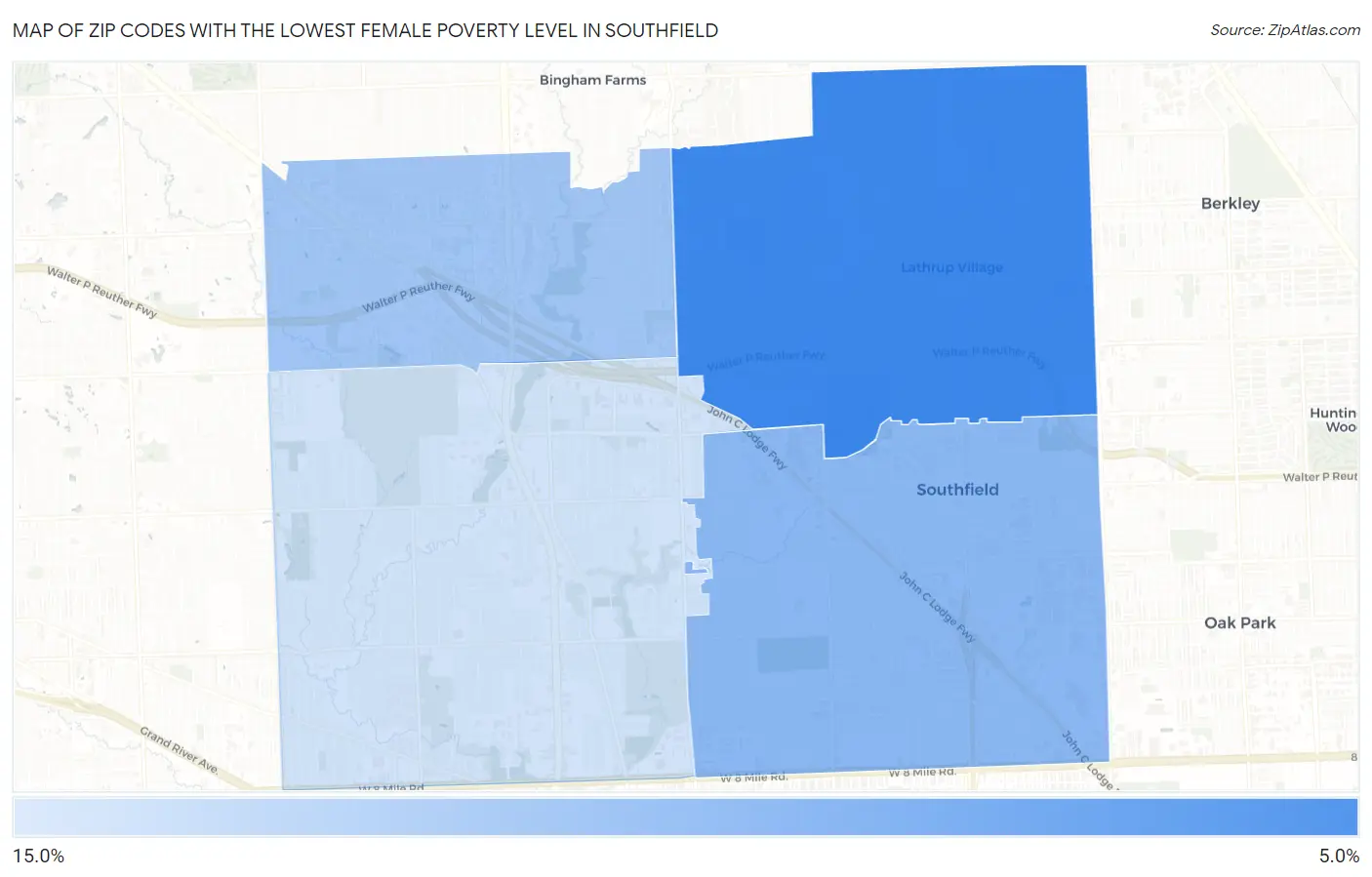 Zip Codes with the Lowest Female Poverty Level in Southfield Map
