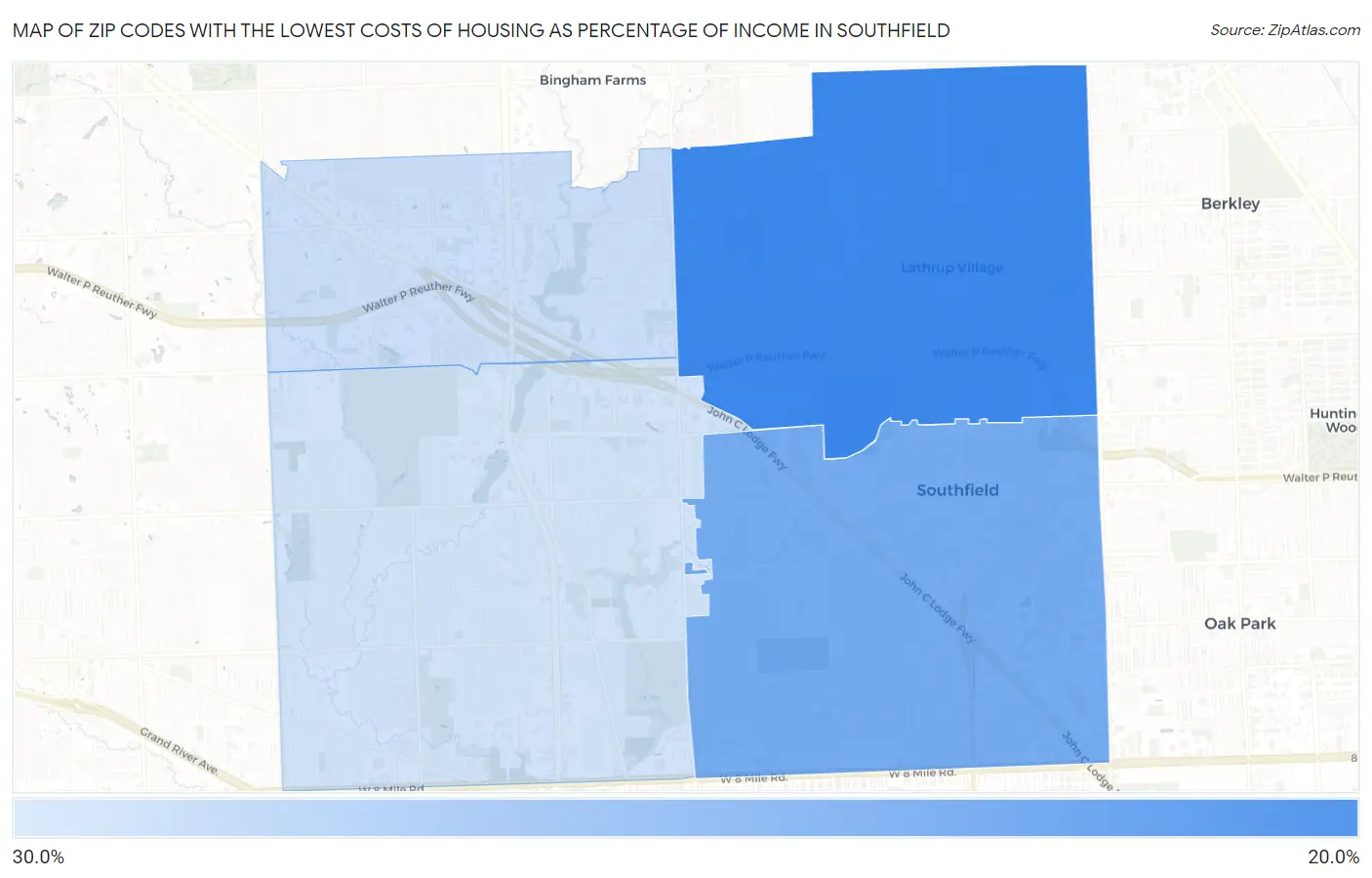 Zip Codes with the Lowest Costs of Housing as Percentage of Income in Southfield Map