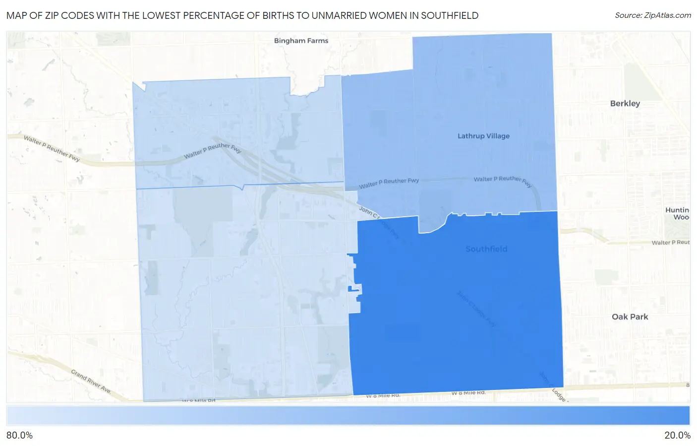 Zip Codes with the Lowest Percentage of Births to Unmarried Women in Southfield Map