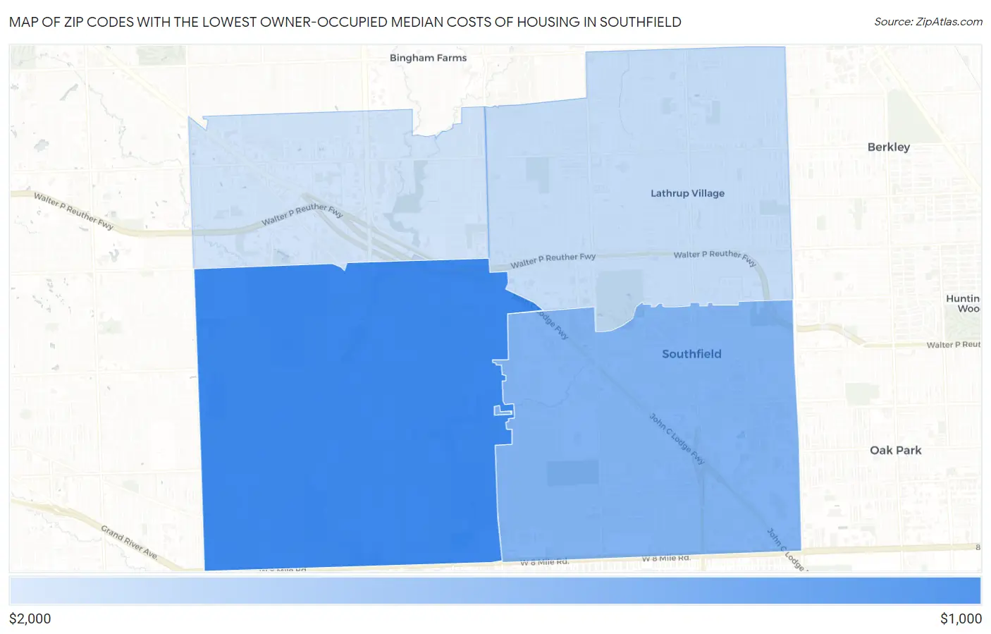 Zip Codes with the Lowest Owner-Occupied Median Costs of Housing in Southfield Map