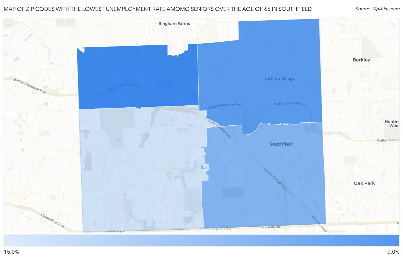 Zip Codes with the Lowest Unemployment Rate Amomg Seniors Over the Age of 65 in Southfield Map