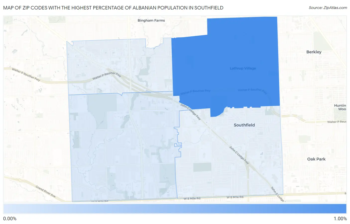 Zip Codes with the Highest Percentage of Albanian Population in Southfield Map