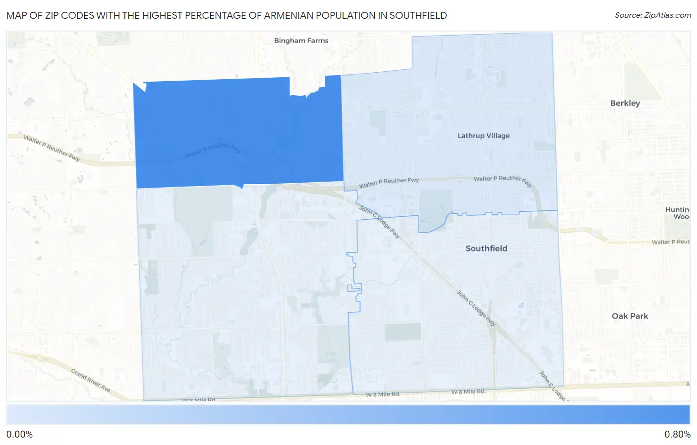 Zip Codes with the Highest Percentage of Armenian Population in Southfield Map