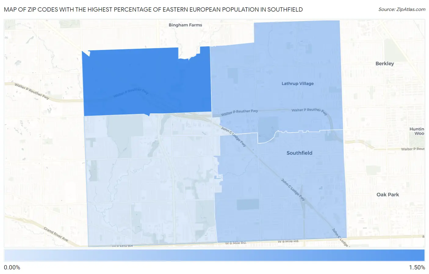 Zip Codes with the Highest Percentage of Eastern European Population in Southfield Map
