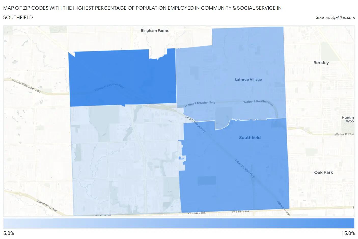 Zip Codes with the Highest Percentage of Population Employed in Community & Social Service  in Southfield Map