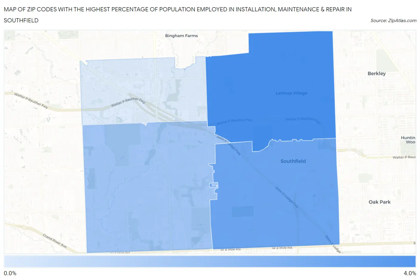 Zip Codes with the Highest Percentage of Population Employed in Installation, Maintenance & Repair in Southfield Map