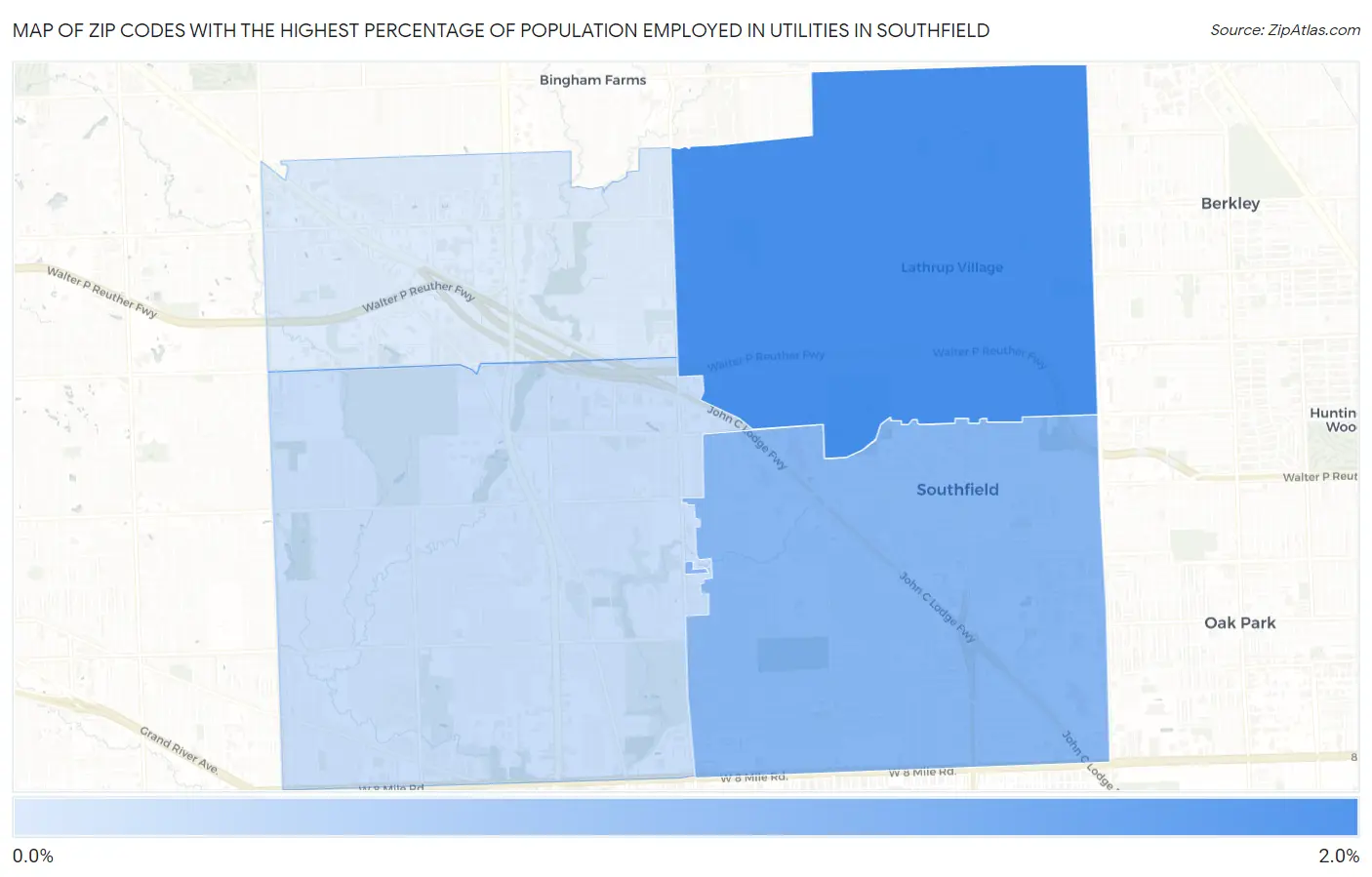 Zip Codes with the Highest Percentage of Population Employed in Utilities in Southfield Map