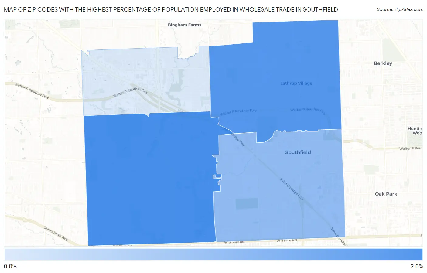 Zip Codes with the Highest Percentage of Population Employed in Wholesale Trade in Southfield Map