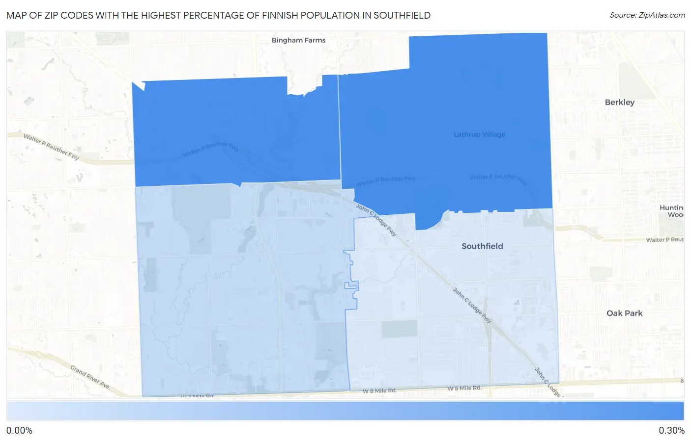 Zip Codes with the Highest Percentage of Finnish Population in Southfield Map