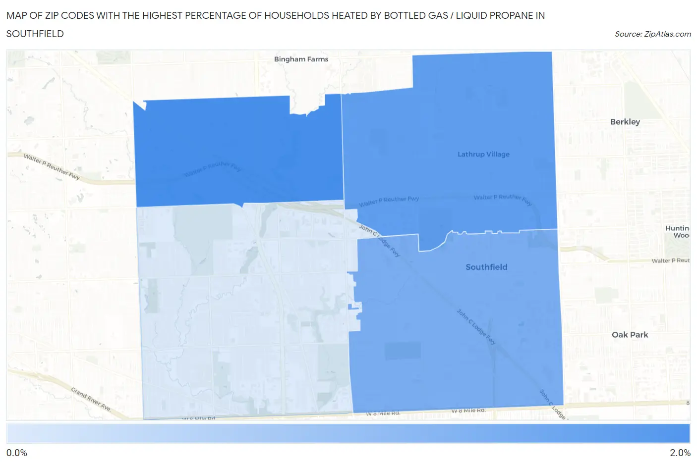 Zip Codes with the Highest Percentage of Households Heated by Bottled Gas / Liquid Propane in Southfield Map