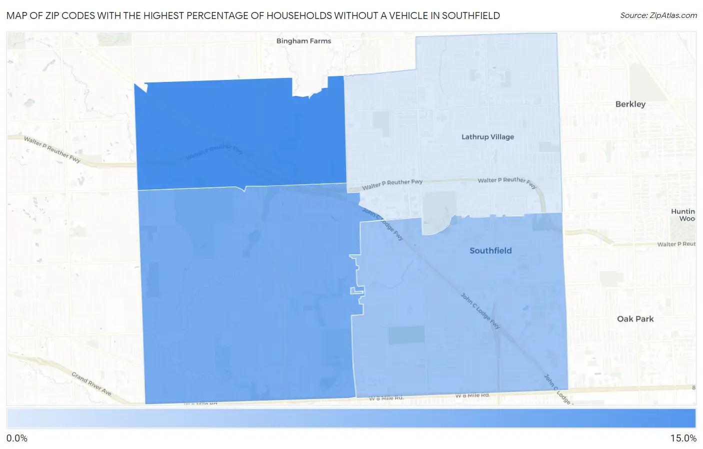 Zip Codes with the Highest Percentage of Households Without a Vehicle in Southfield Map