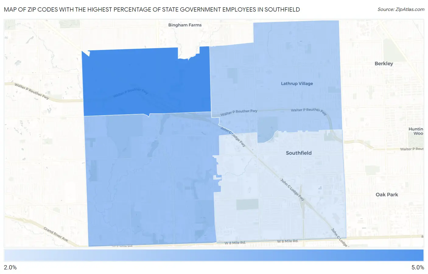 Zip Codes with the Highest Percentage of State Government Employees in Southfield Map
