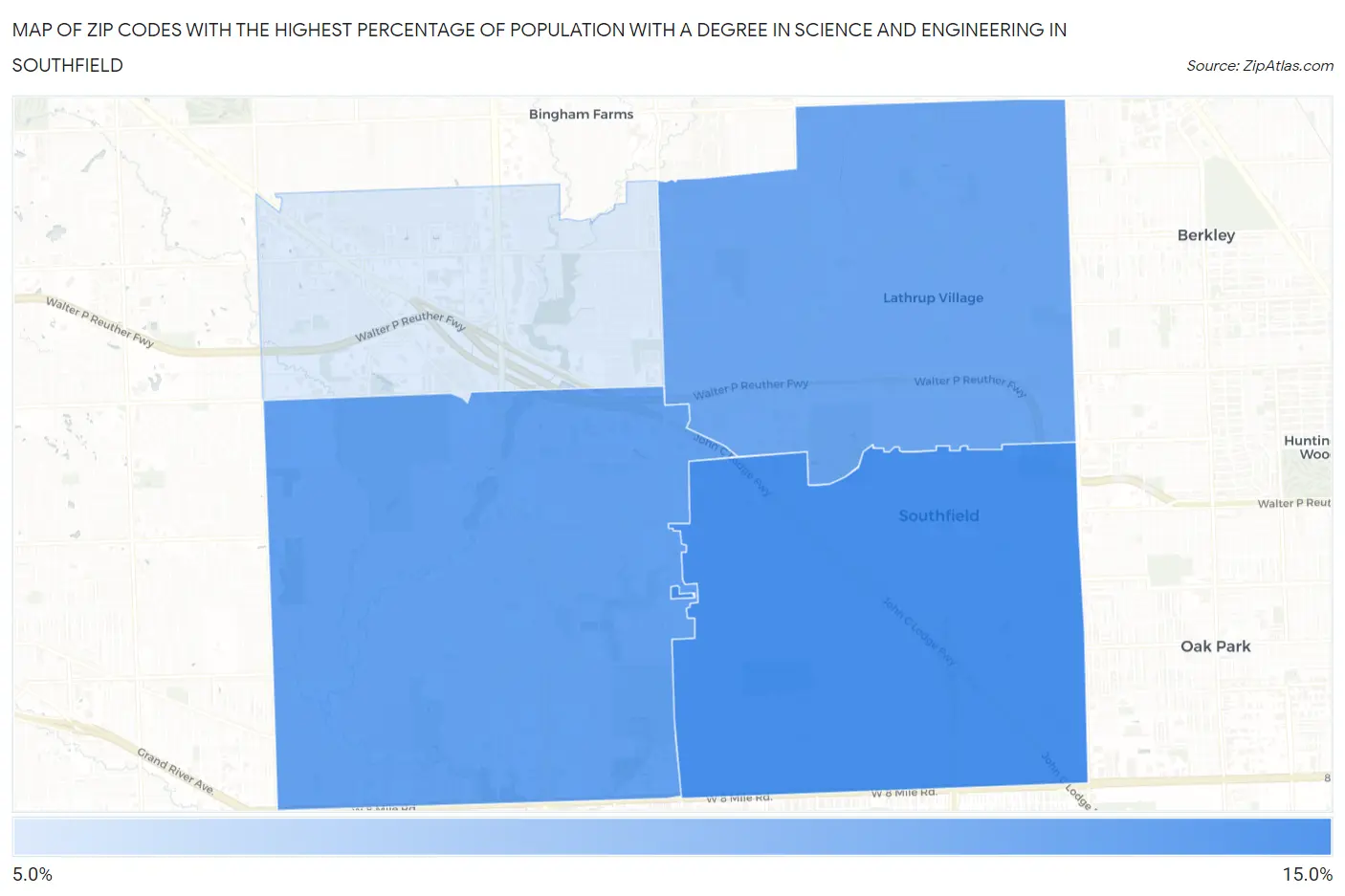 Zip Codes with the Highest Percentage of Population with a Degree in Science and Engineering in Southfield Map