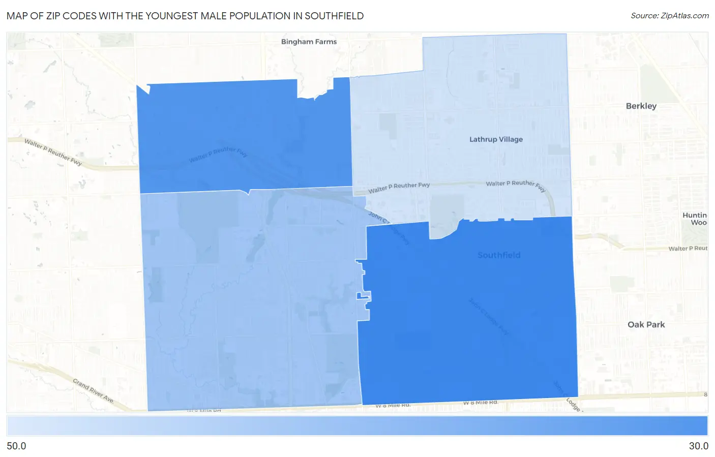 Zip Codes with the Youngest Male Population in Southfield Map