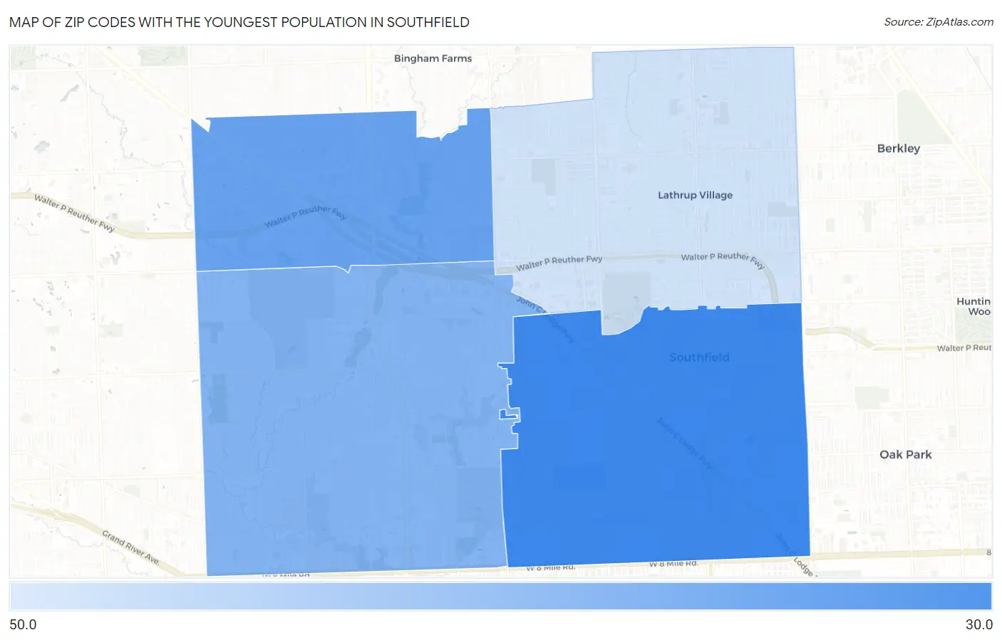 Zip Codes with the Youngest Population in Southfield Map