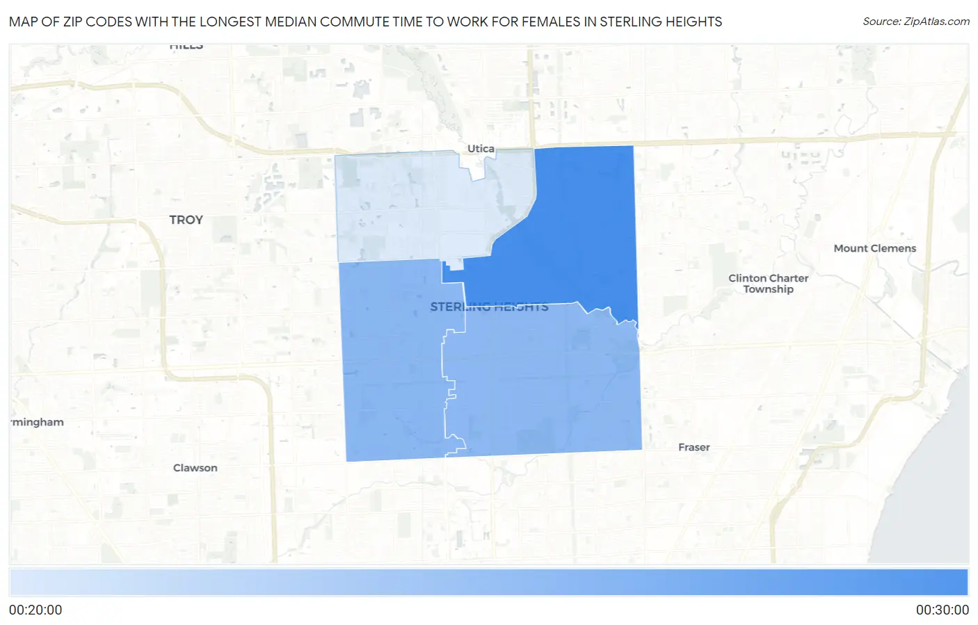 Zip Codes with the Longest Median Commute Time to Work for Females in Sterling Heights Map