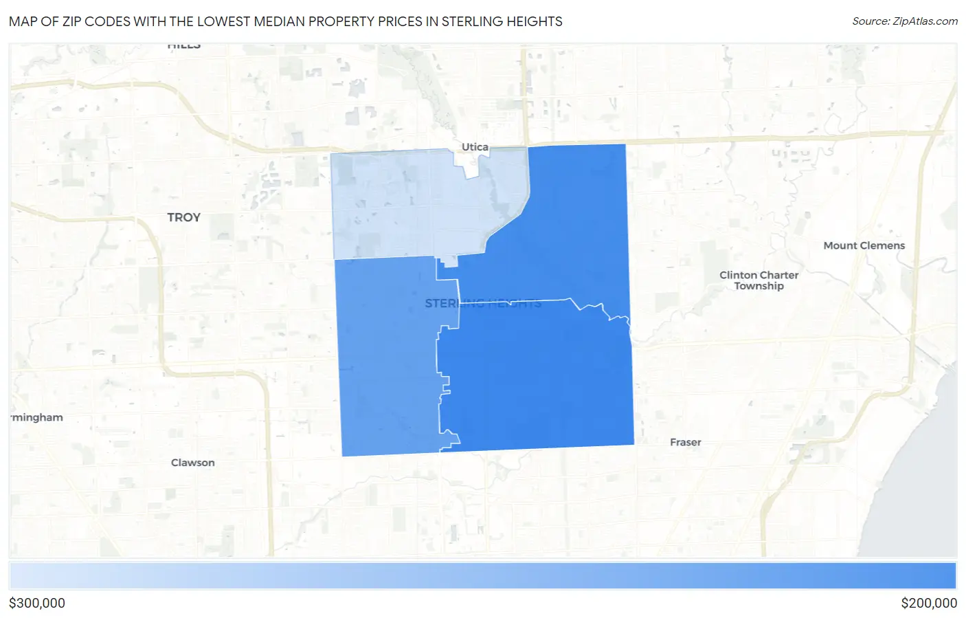 Zip Codes with the Lowest Median Property Prices in Sterling Heights Map