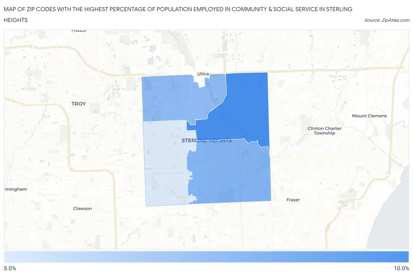 Zip Codes with the Highest Percentage of Population Employed in Community & Social Service  in Sterling Heights Map