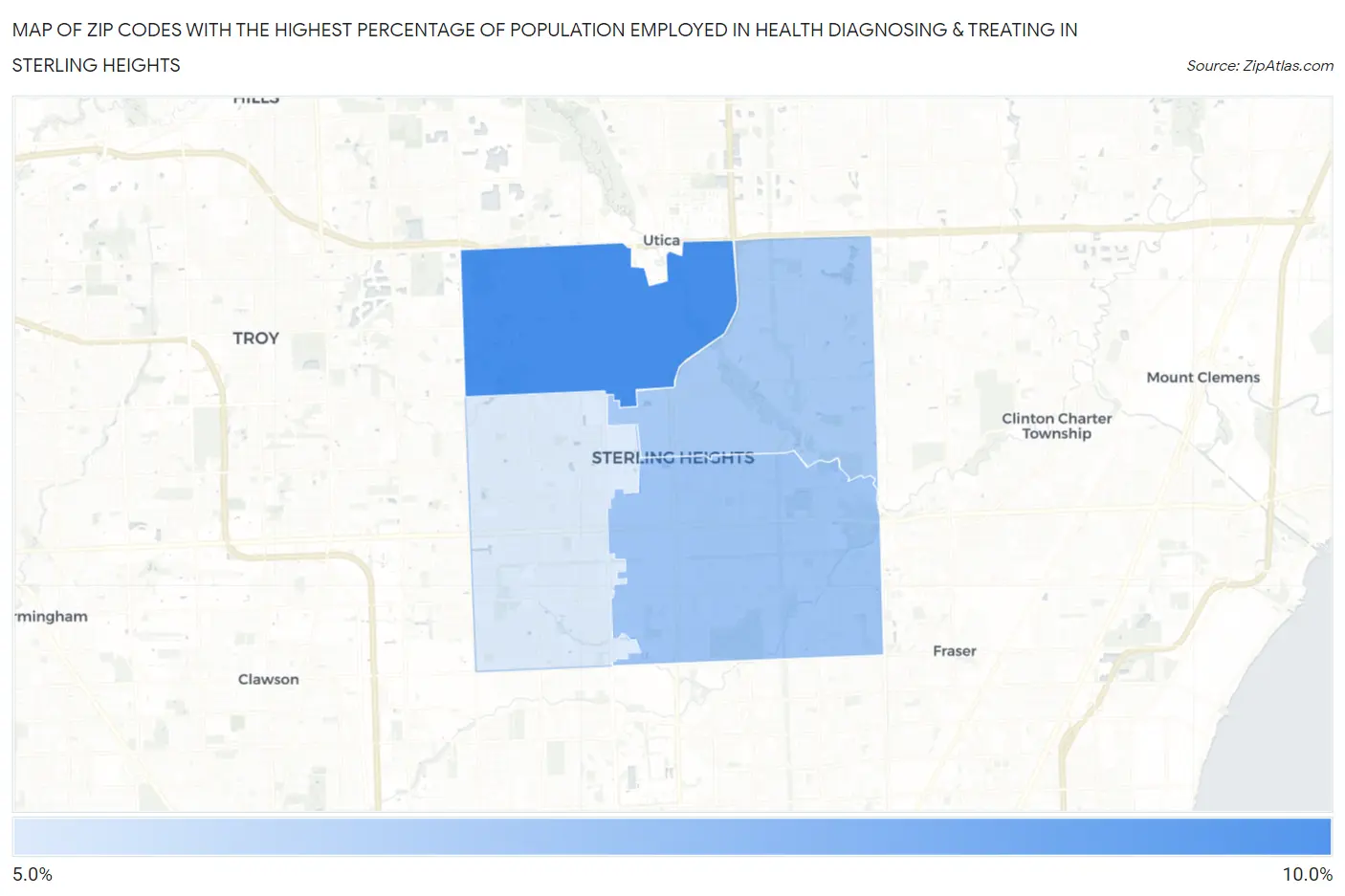 Zip Codes with the Highest Percentage of Population Employed in Health Diagnosing & Treating in Sterling Heights Map