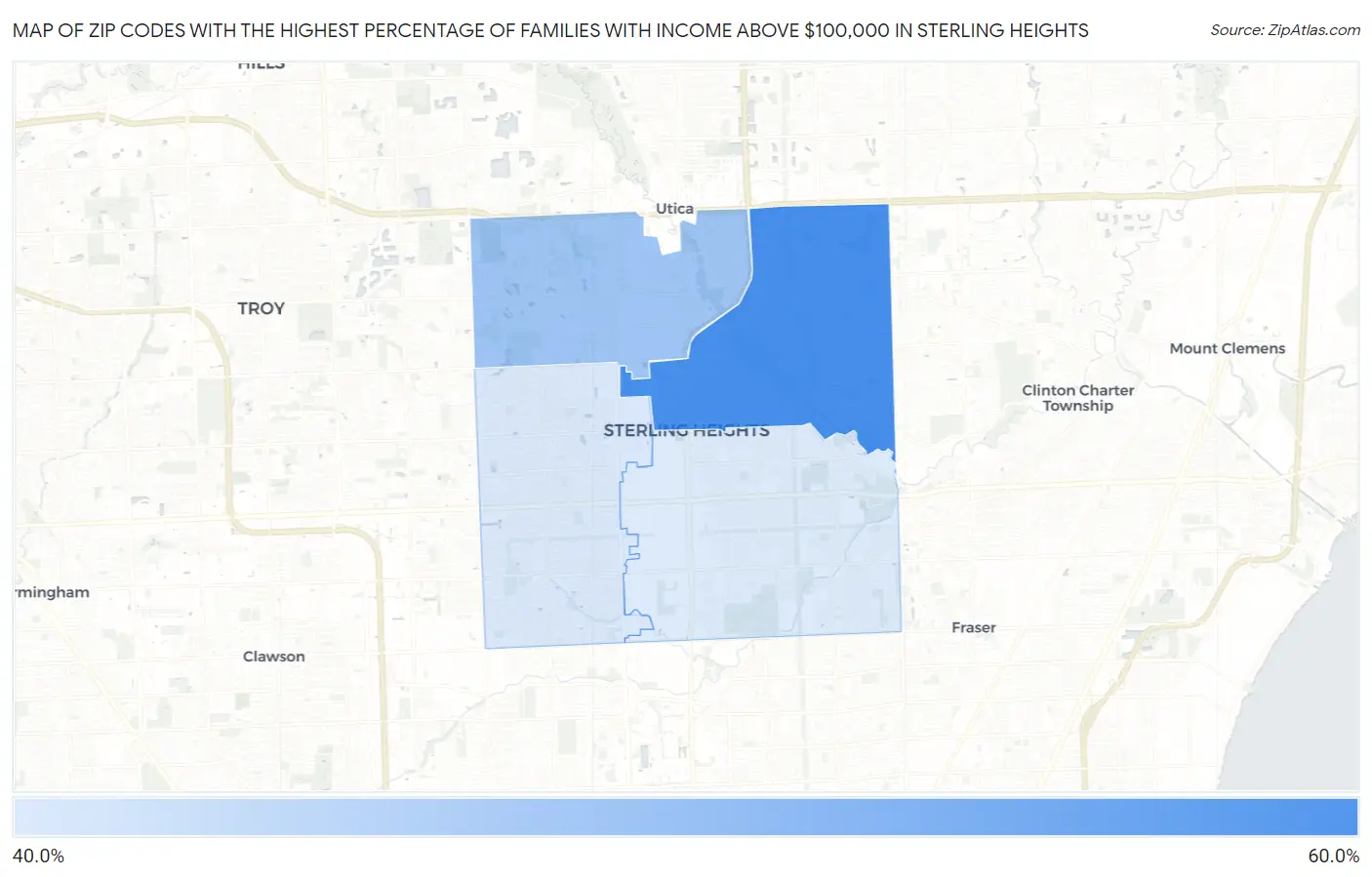 Zip Codes with the Highest Percentage of Families with Income Above $100,000 in Sterling Heights Map