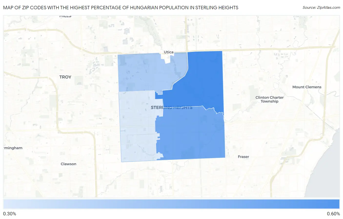 Zip Codes with the Highest Percentage of Hungarian Population in Sterling Heights Map