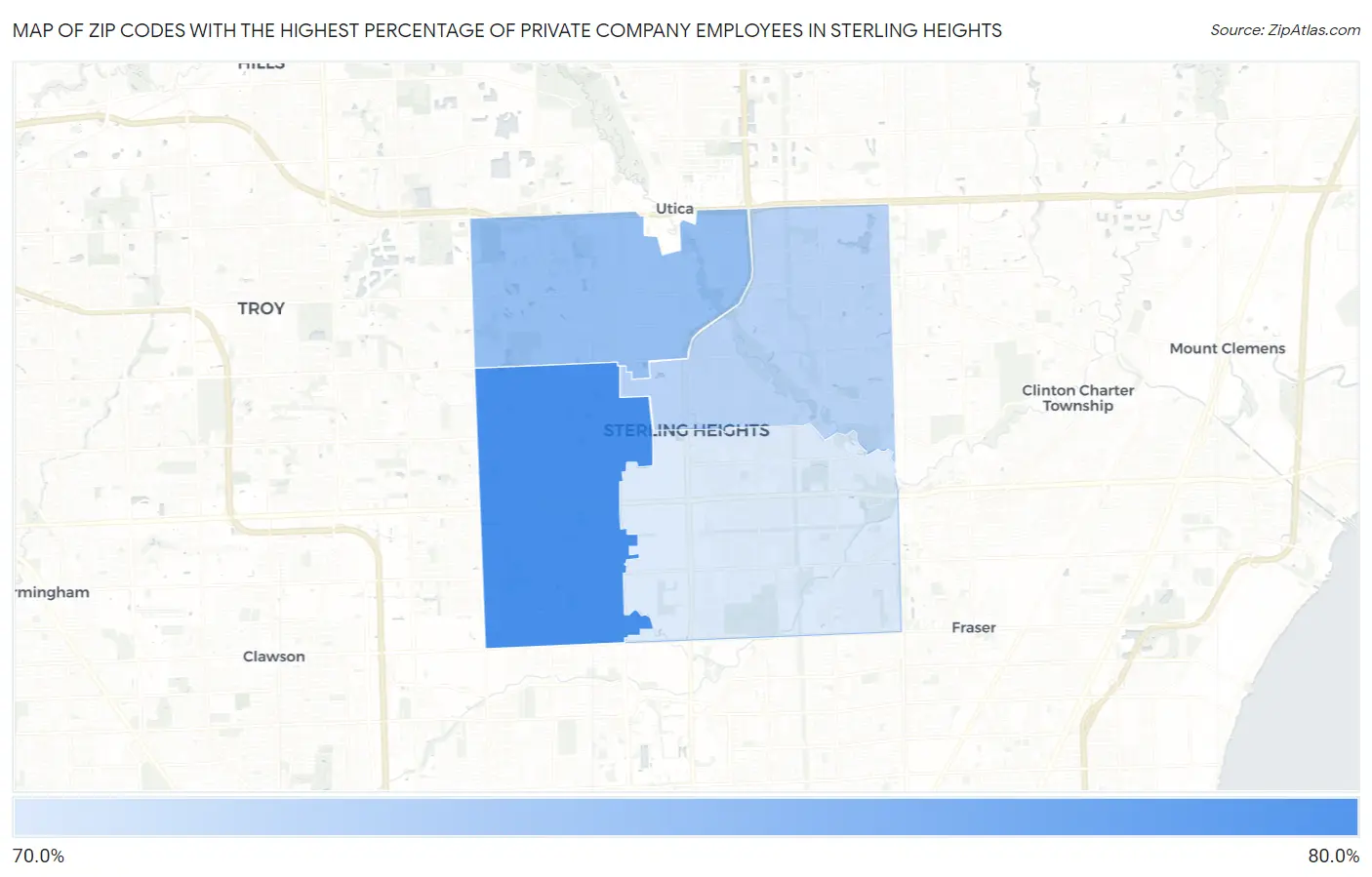 Zip Codes with the Highest Percentage of Private Company Employees in Sterling Heights Map