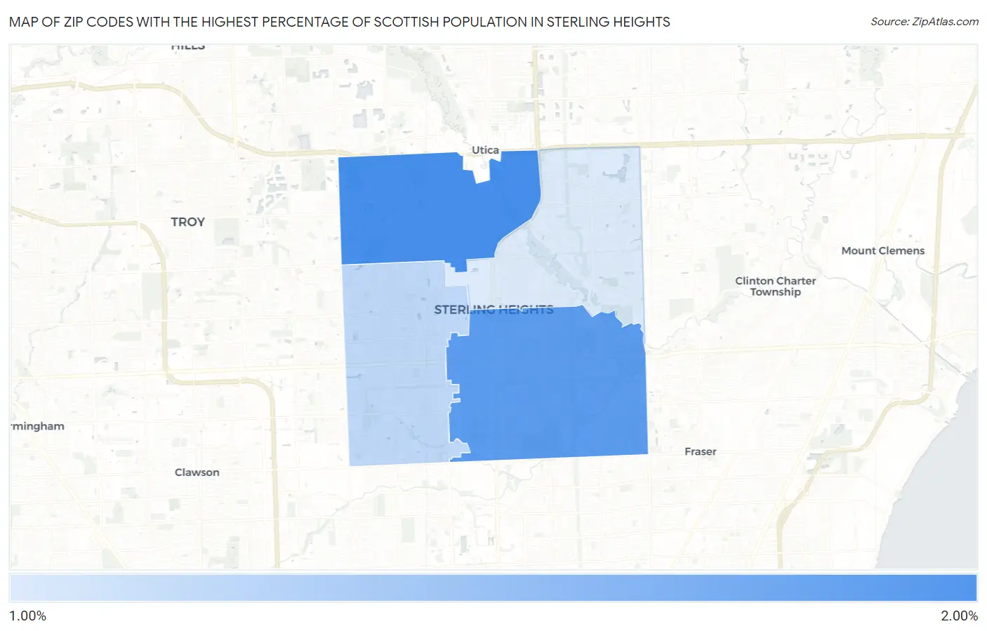 Zip Codes with the Highest Percentage of Scottish Population in Sterling Heights Map