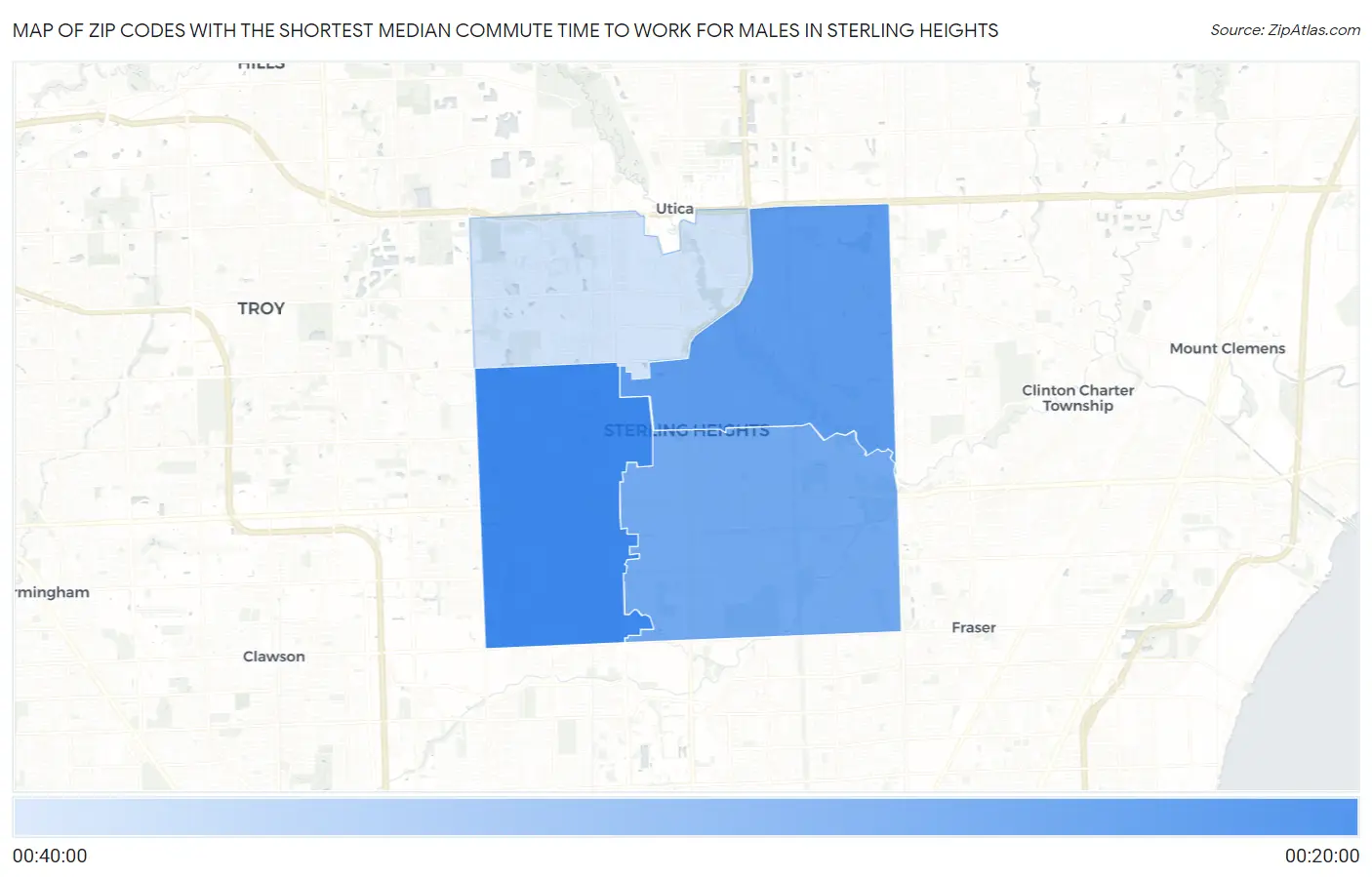 Zip Codes with the Shortest Median Commute Time to Work for Males in Sterling Heights Map