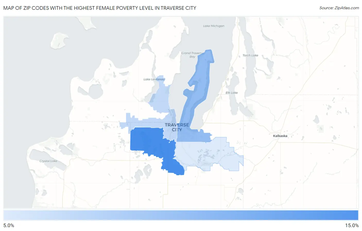 Zip Codes with the Highest Female Poverty Level in Traverse City Map