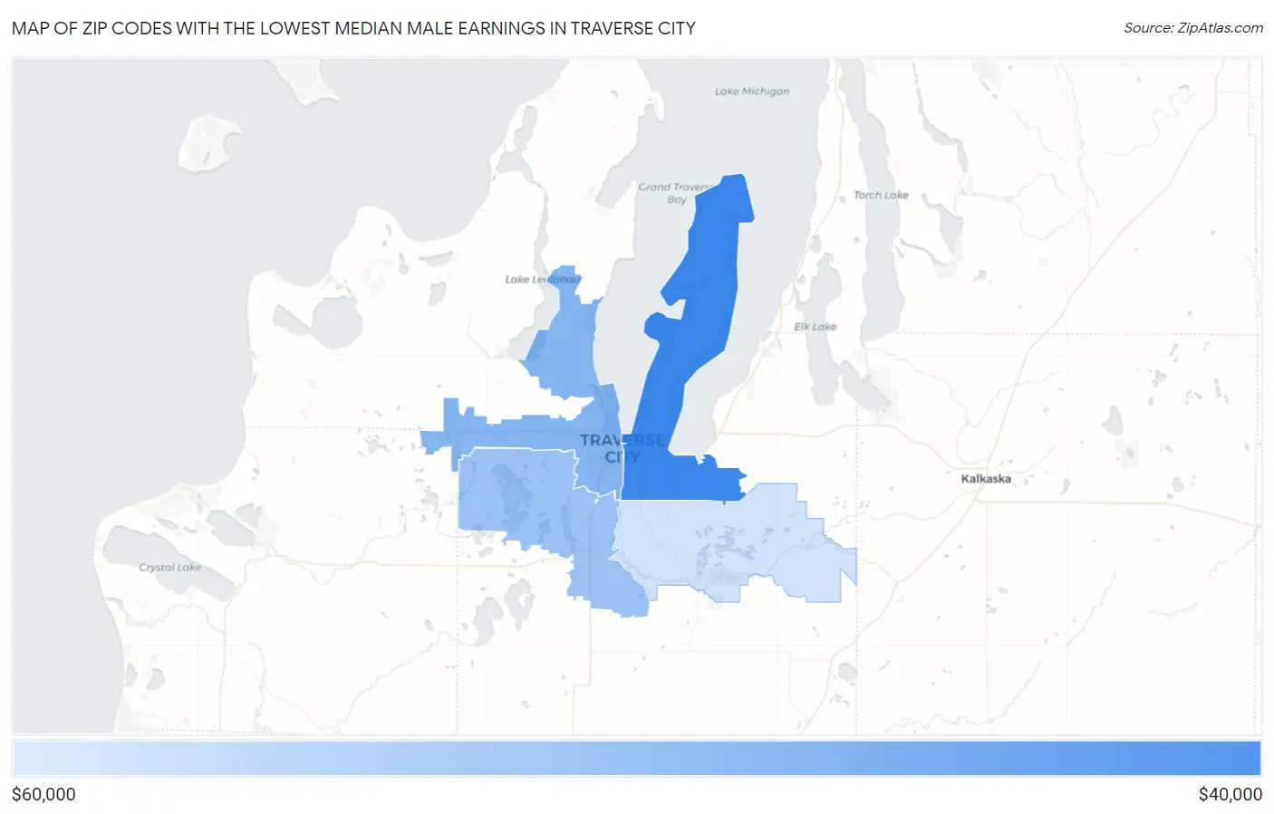 Zip Codes with the Lowest Median Male Earnings in Traverse City Map