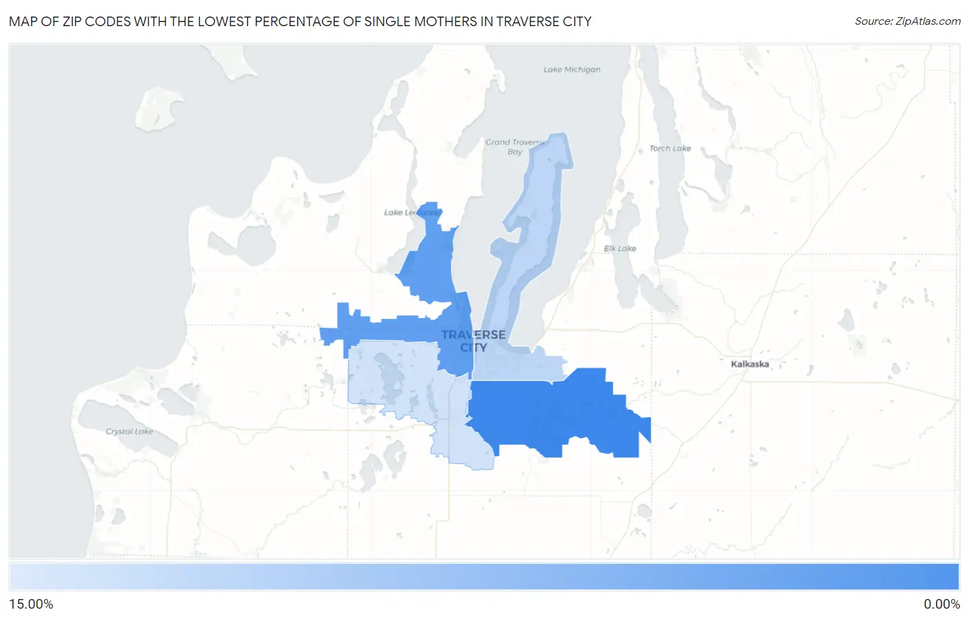 Zip Codes with the Lowest Percentage of Single Mothers in Traverse City Map