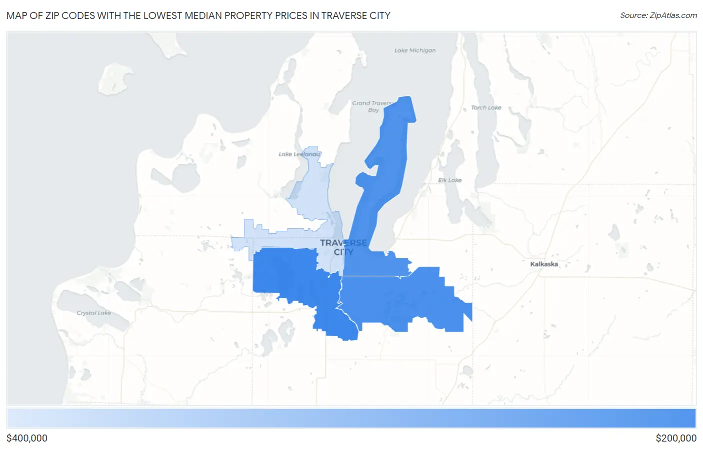 Zip Codes with the Lowest Median Property Prices in Traverse City Map