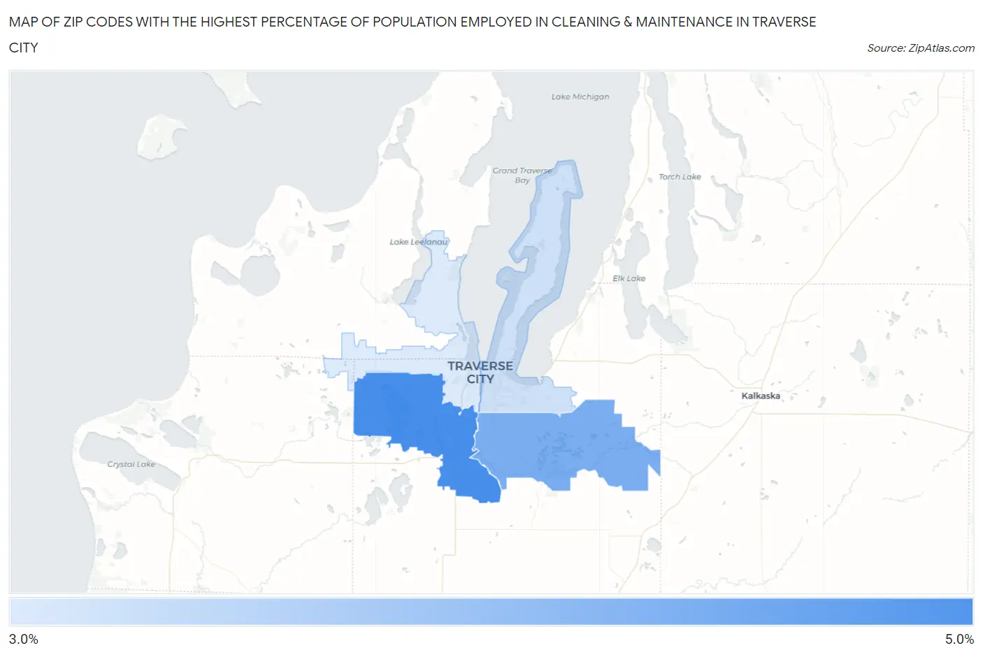 Zip Codes with the Highest Percentage of Population Employed in Cleaning & Maintenance in Traverse City Map