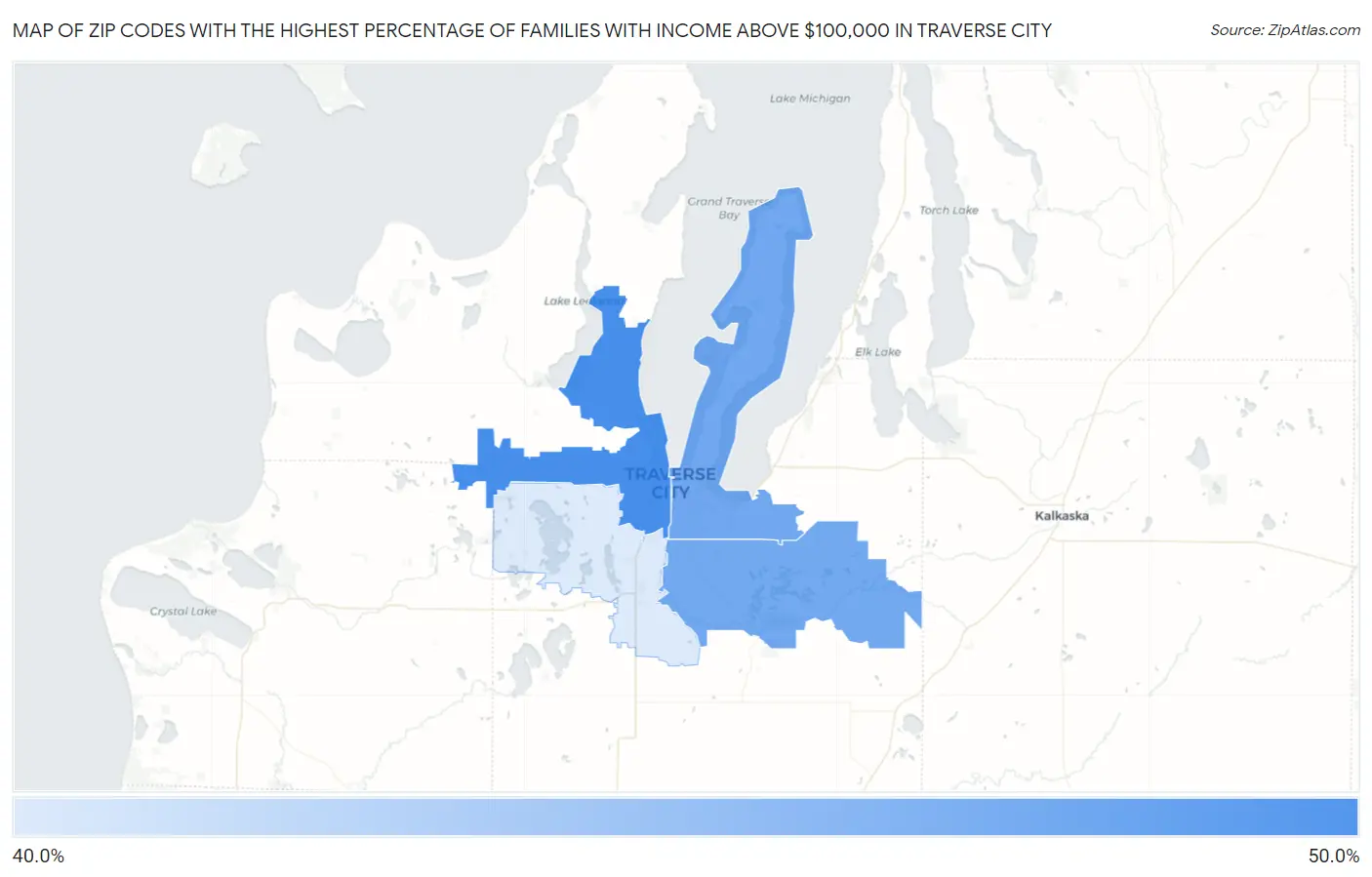 Zip Codes with the Highest Percentage of Families with Income Above $100,000 in Traverse City Map