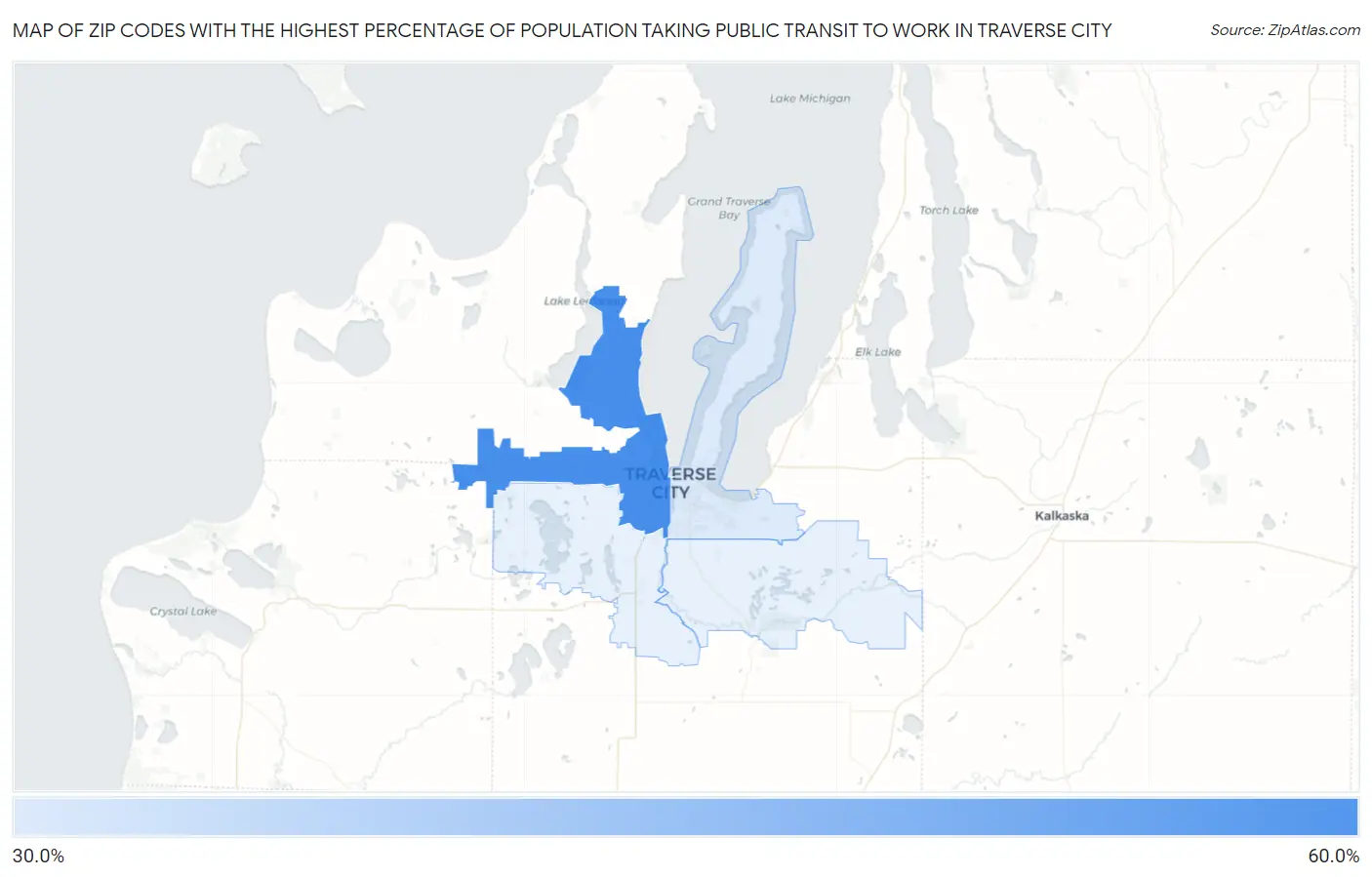 Zip Codes with the Highest Percentage of Population Taking Public Transit to Work in Traverse City Map