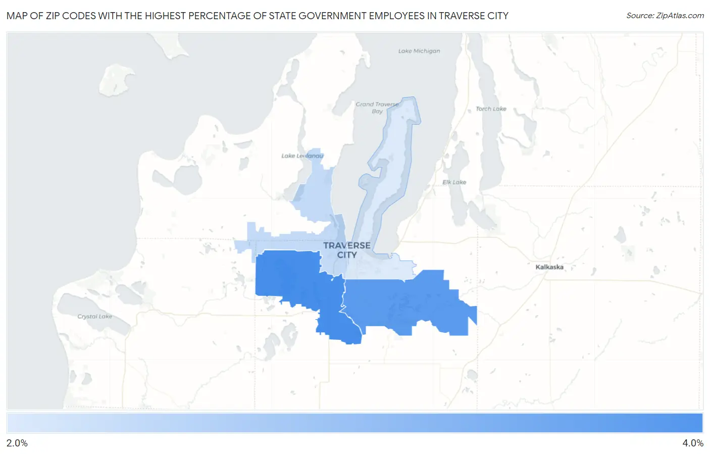 Zip Codes with the Highest Percentage of State Government Employees in Traverse City Map