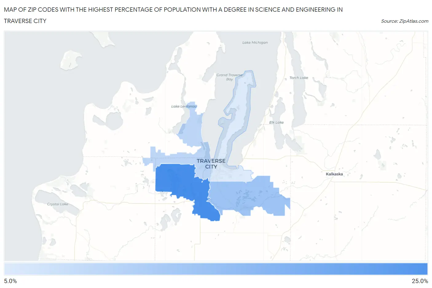 Zip Codes with the Highest Percentage of Population with a Degree in Science and Engineering in Traverse City Map