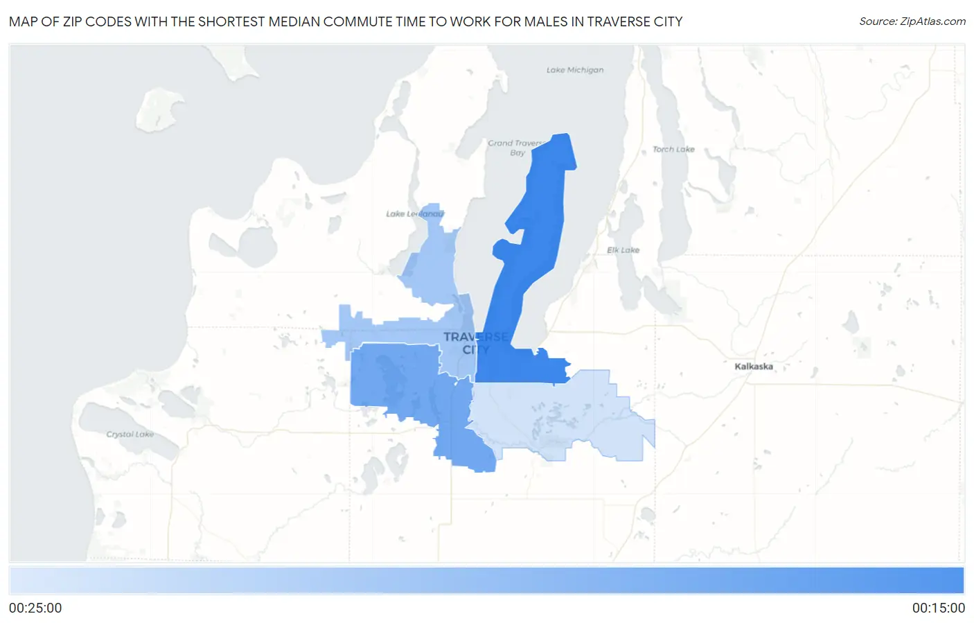 Zip Codes with the Shortest Median Commute Time to Work for Males in Traverse City Map
