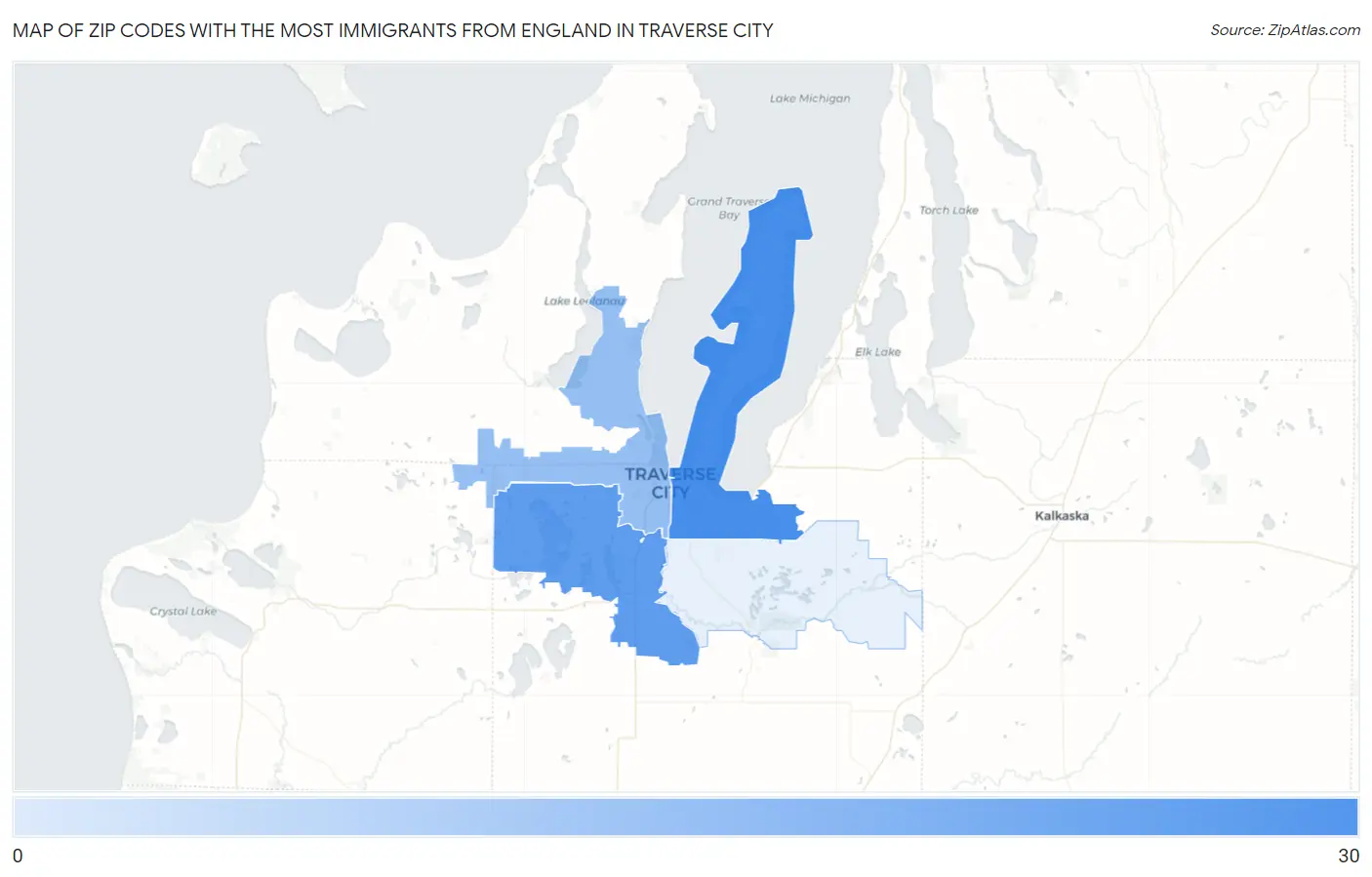 Zip Codes with the Most Immigrants from England in Traverse City Map