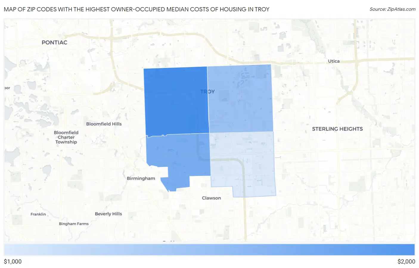 Zip Codes with the Highest Owner-Occupied Median Costs of Housing in Troy Map