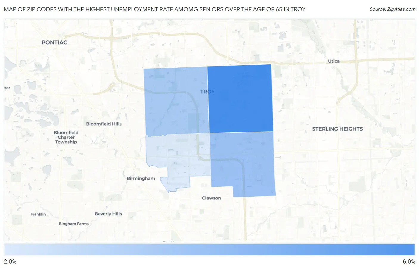 Zip Codes with the Highest Unemployment Rate Amomg Seniors Over the Age of 65 in Troy Map