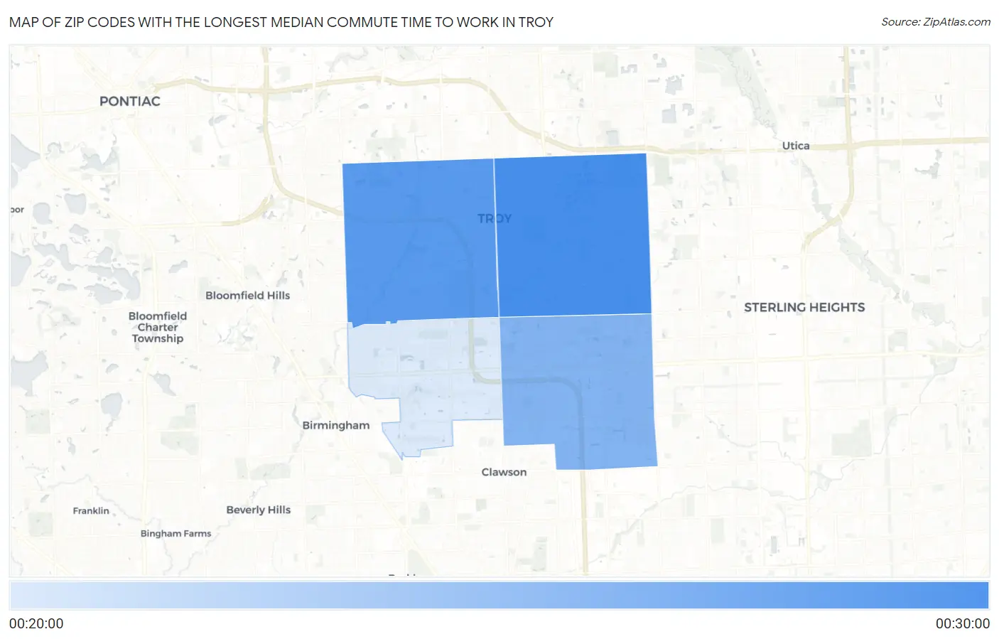 Zip Codes with the Longest Median Commute Time to Work in Troy Map