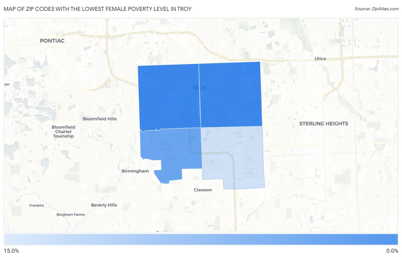 Zip Codes with the Lowest Female Poverty Level in Troy Map