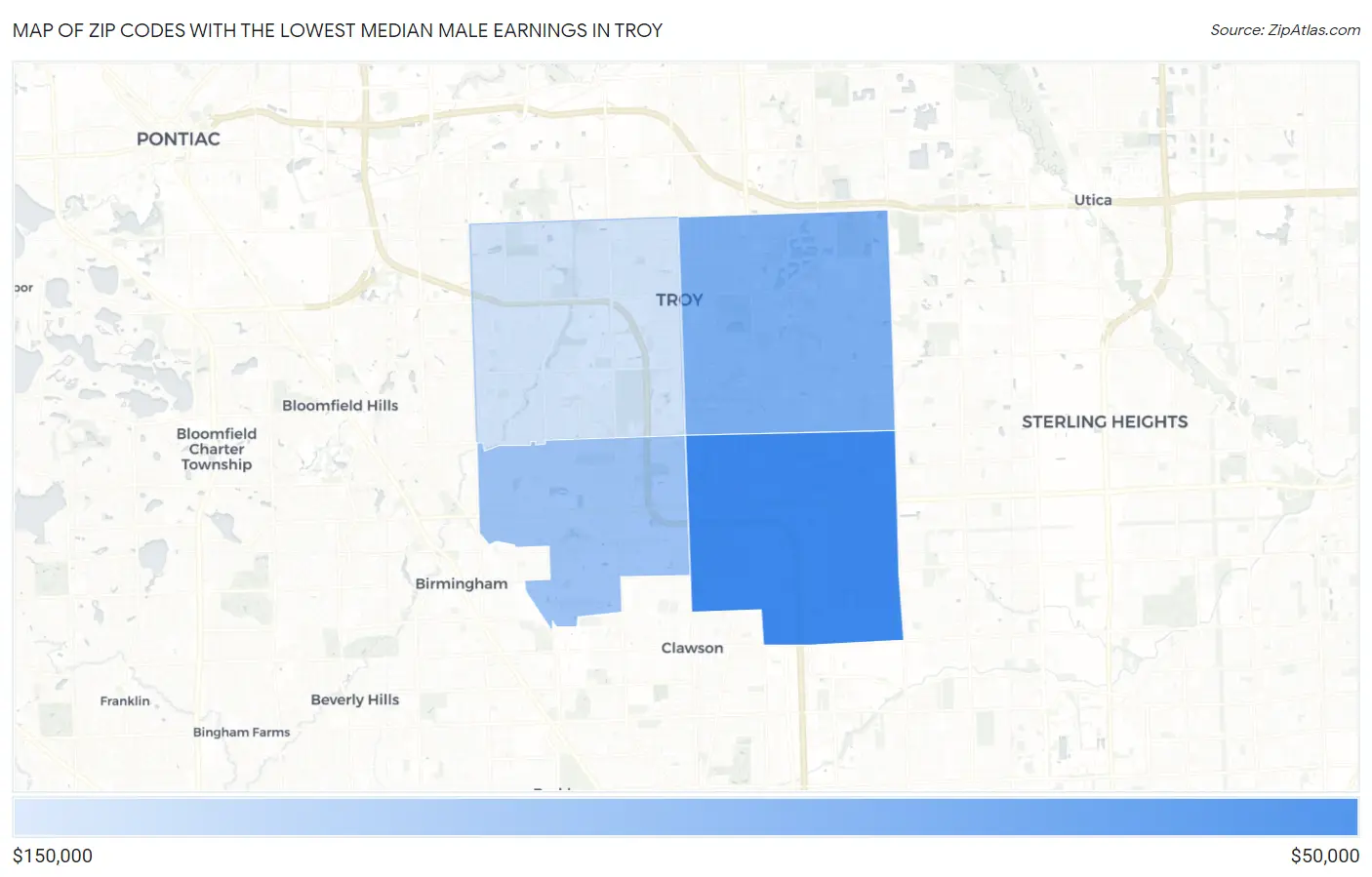 Zip Codes with the Lowest Median Male Earnings in Troy Map