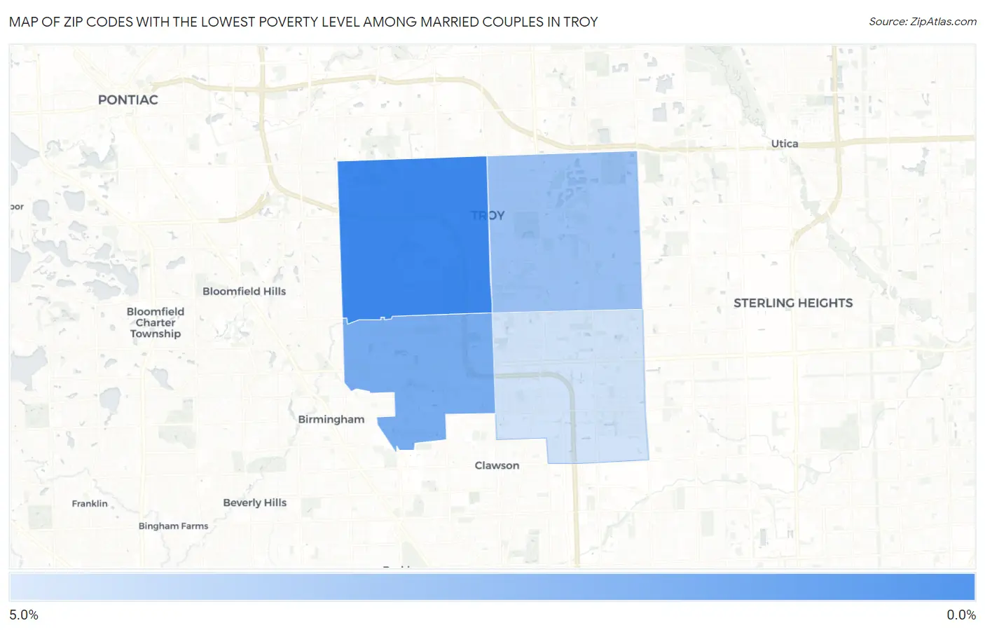 Zip Codes with the Lowest Poverty Level Among Married Couples in Troy Map