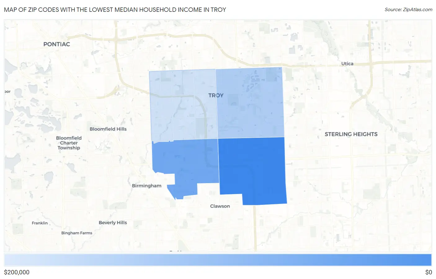 Zip Codes with the Lowest Median Household Income in Troy Map